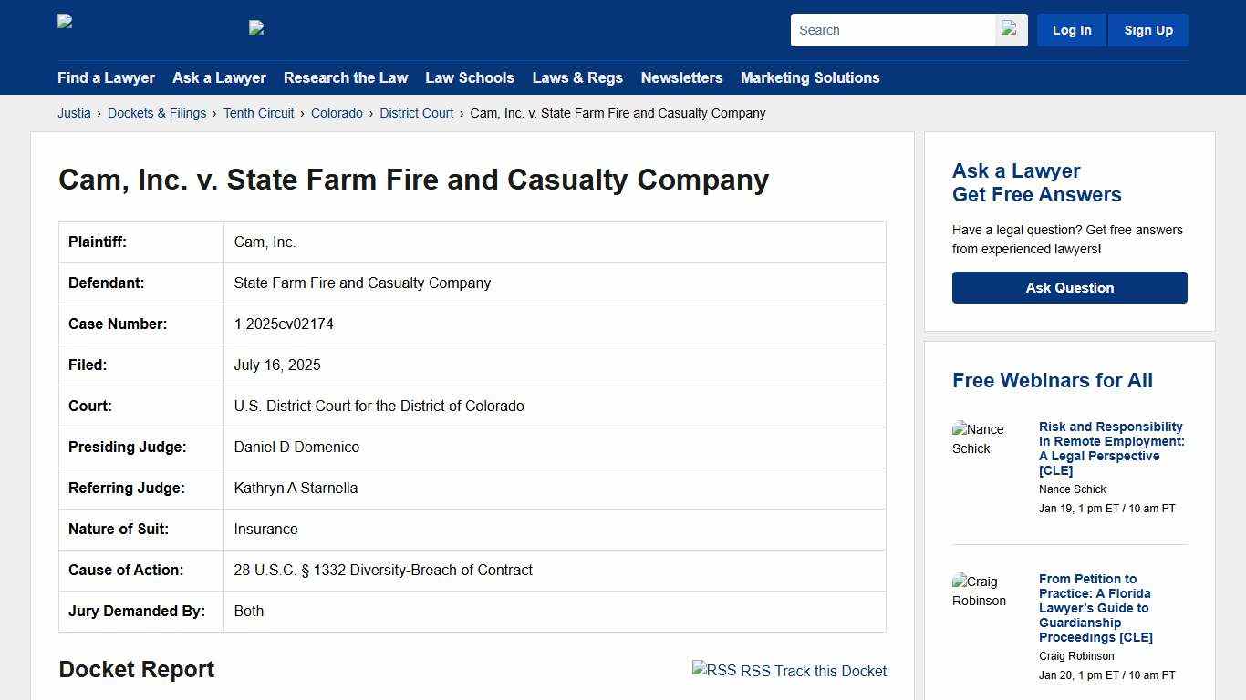 Cam, Inc. v. State Farm Fire and Casualty Company 1:2025cv02174 | U.S. District Court for the District of Colorado | Justia